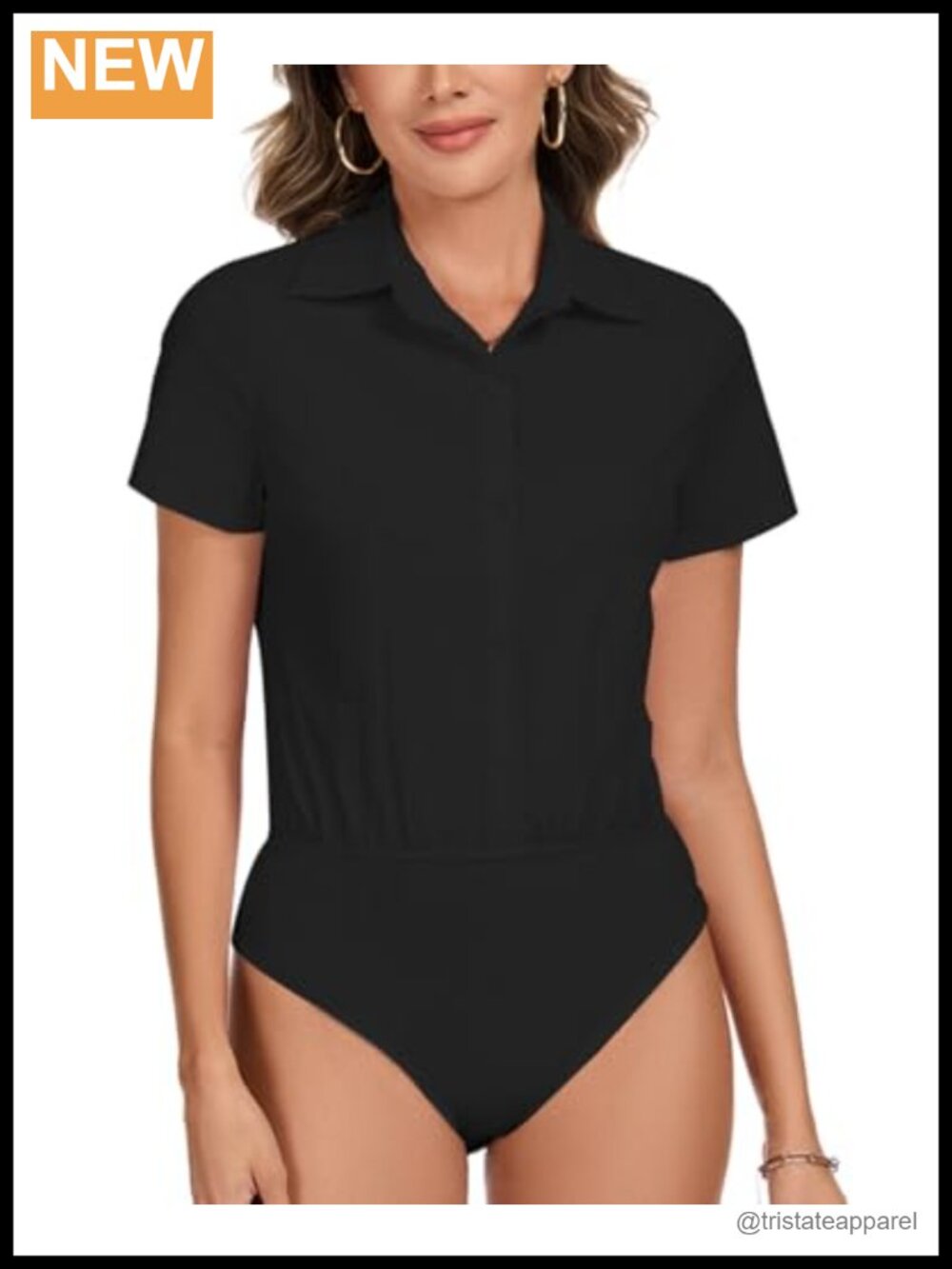 Women's Cotton Spandex Bodysuit Blouse Collared Short Sleeve Work Top